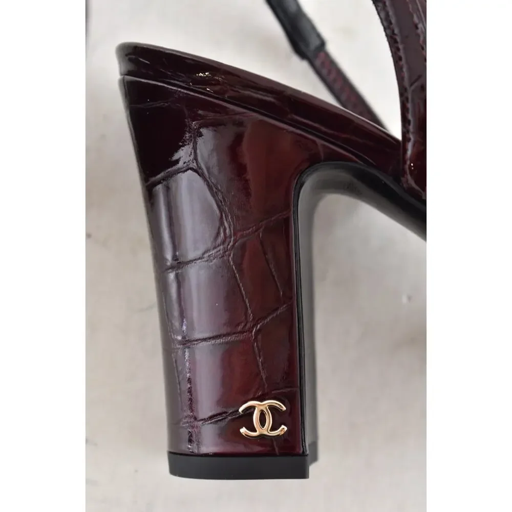 Chanel 26A Burgundy Black Crocodile Coco Sling Slingback Block Heel Pump 41c
